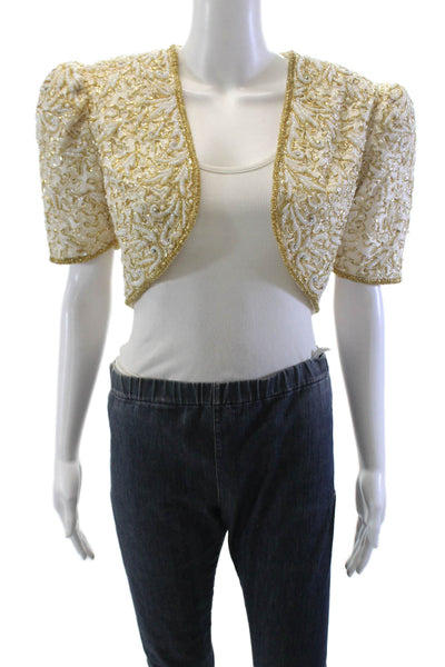 Claires Collection Womens Beaded Short Sleeves Bolero Jacket White Gold Size Sma