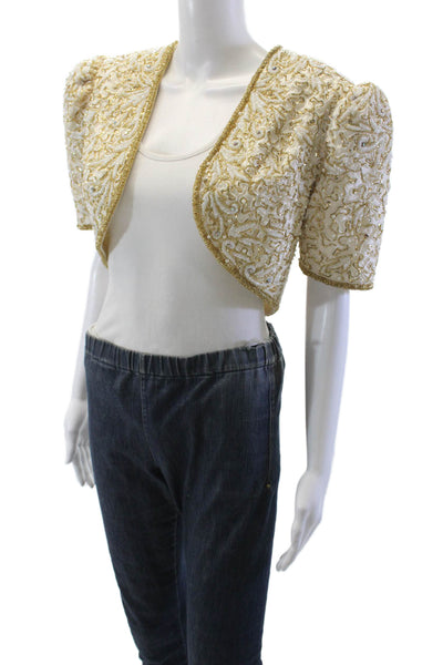 Claires Collection Womens Beaded Short Sleeves Bolero Jacket White Gold Size Sma