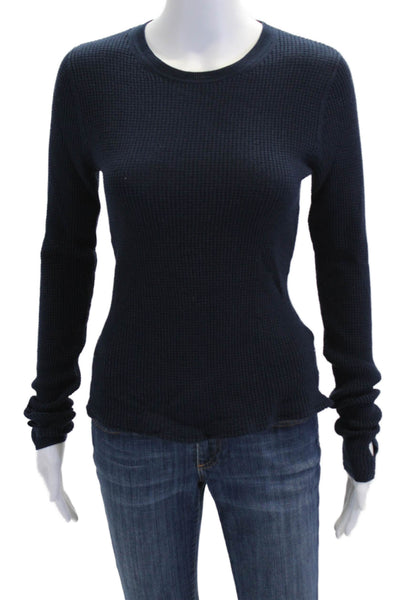 Margaret OLeary Womens Long Sleeve Crew Neck Waffle Knit Shirt Navy Blue Small