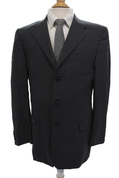 Hickey Freeman Mens Three Button Notched Lapel Pinstriped Blazer Jacket Gray 42L