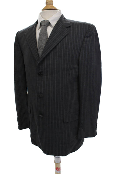 Hickey Freeman Mens Three Button Notched Lapel Pinstriped Blazer Jacket Gray 42L