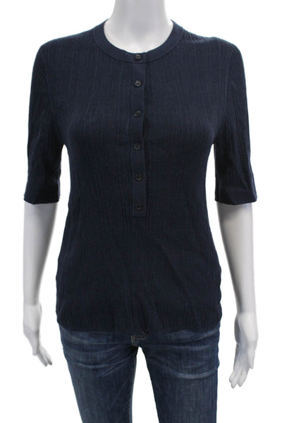 A.L.C. Womens Cotton Texture Henley Neck 3/4 Sleeve Blouse Top Navy Blue Size XL