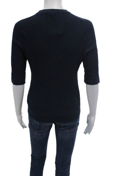 A.L.C. Womens Cotton Texture Henley Neck 3/4 Sleeve Blouse Top Navy Blue Size XL