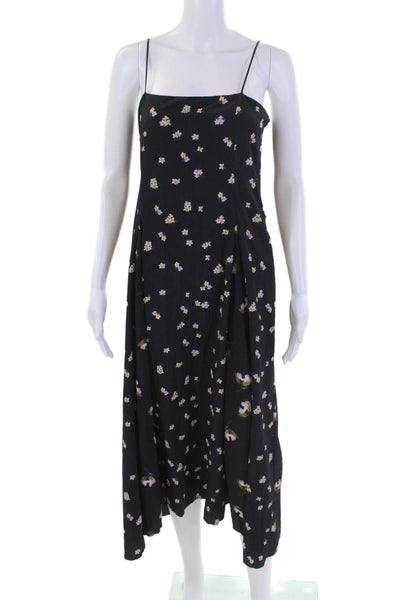 Vince Womens Side Zip Spaghetti Strap Square Neck Floral Dress Navy Blue Size 4