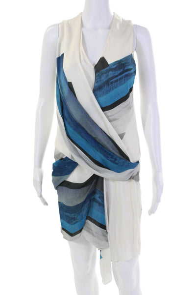 Helmut Lang Womens Sleeveless V Neck Striped Silk Dress White Blue Size 2