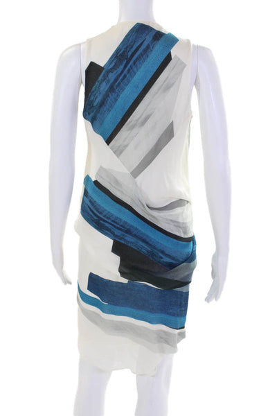 Helmut Lang Womens Sleeveless V Neck Striped Silk Dress White Blue Size 2