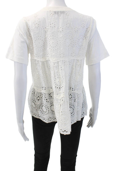 Sea New York Womens Short Sleeve Scoop Neck Eyelet Tee Shirt White Size XS