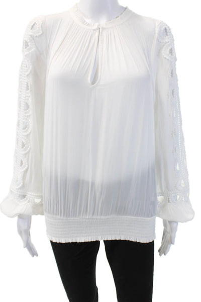 Ramy Brook Womens Long Sleeve Embroidered Trim Keyhole Blouse White Size XS