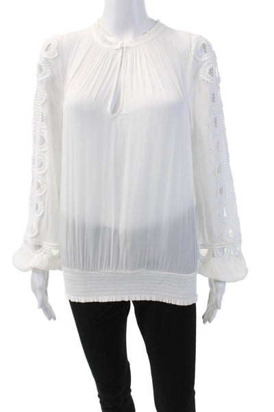 Ramy Brook Womens Long Sleeve Embroidered Trim Keyhole Blouse White Size XS