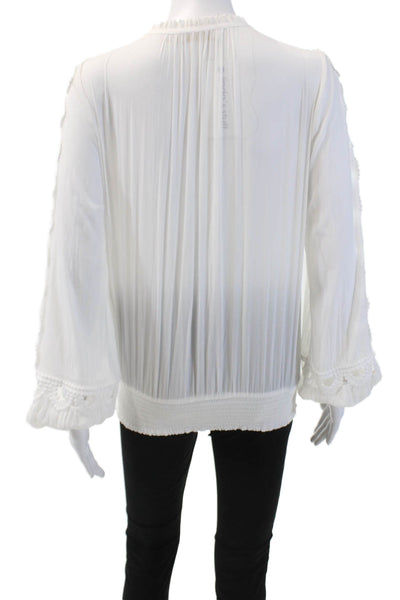 Ramy Brook Womens Long Sleeve Embroidered Trim Keyhole Blouse White Size XS