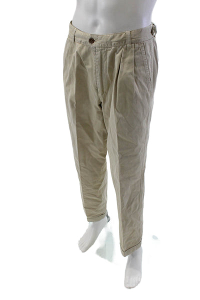 Ermenegildo Zegna Mens Cotton Pleated Straight Leg Cuff Bottom Pants Beige Size