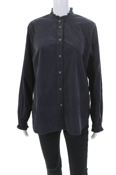 J Crew Womens Button Front Collarless Corduroy Shirt Navy Cotton Size 10