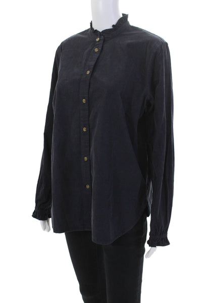 J Crew Womens Button Front Collarless Corduroy Shirt Navy Cotton Size 10