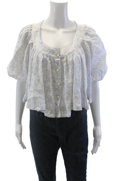 Agua Bendita Womens Button Front Scoop Neck Floral Linen Top White Blue Size XS