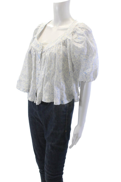 Agua Bendita Womens Button Front Scoop Neck Floral Linen Top White Blue Size XS