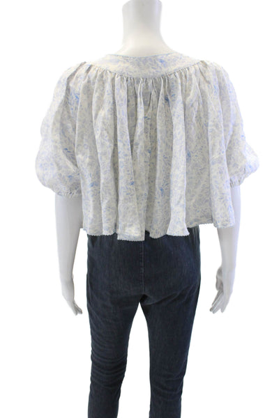 Agua Bendita Womens Button Front Scoop Neck Floral Linen Top White Blue Size XS