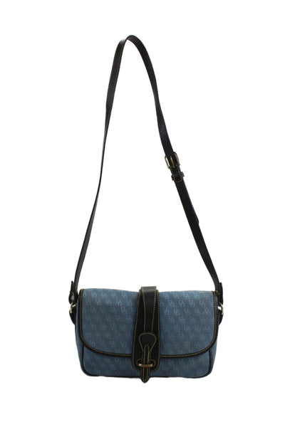 Dooney & Bourke Womens Monogram Canvas Leather Trim Crossbody Bag Blue Size M