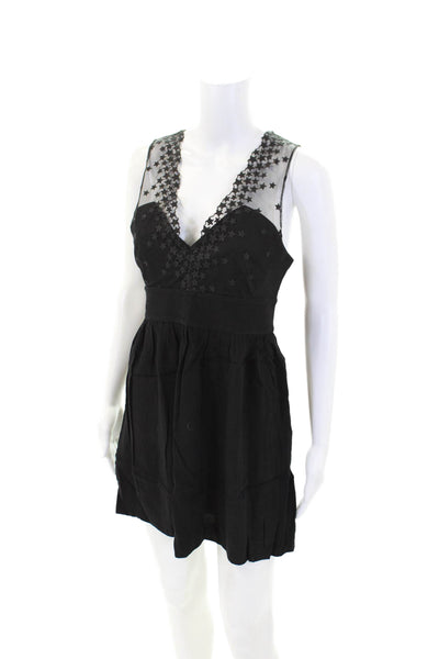 Sandro Womens Star Embroidered V Neck Sleeveless Mini Dress Black Size 1