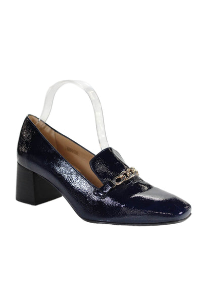 Anthropologie Womens Block Heel Square Toe Glossy Leather Pumps Navy Size 40