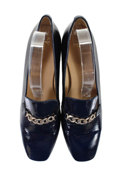 Anthropologie Womens Block Heel Square Toe Glossy Leather Pumps Navy Size 40