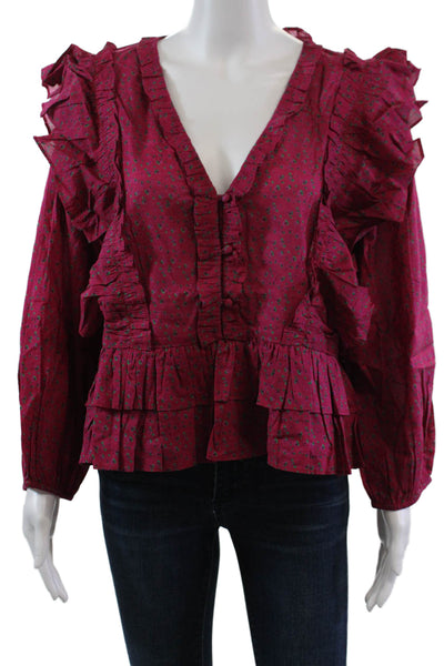 Something Navy Womens Cotton Long Sleeved Ruffled V Neck Blouse Pink Size XXL