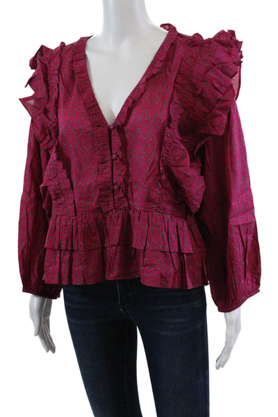 Something Navy Womens Cotton Long Sleeved Ruffled V Neck Blouse Pink Size XXL
