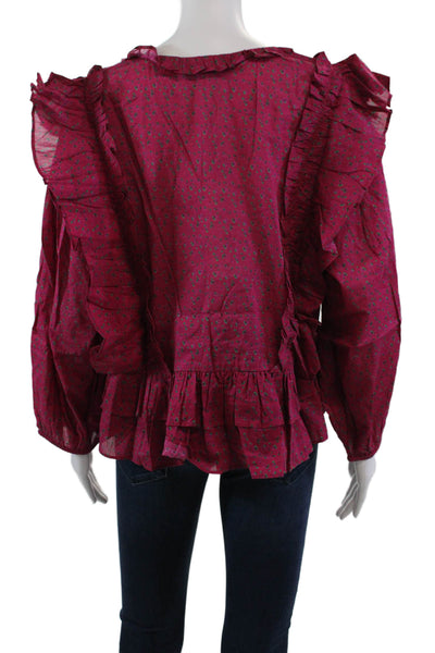 Something Navy Womens Cotton Long Sleeved Ruffled V Neck Blouse Pink Size XXL