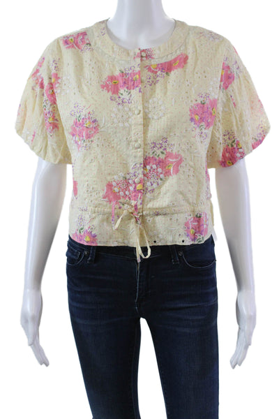 Walter Baker Womens Floral Print Eyelet Button Down Shirt Yellow Size Small