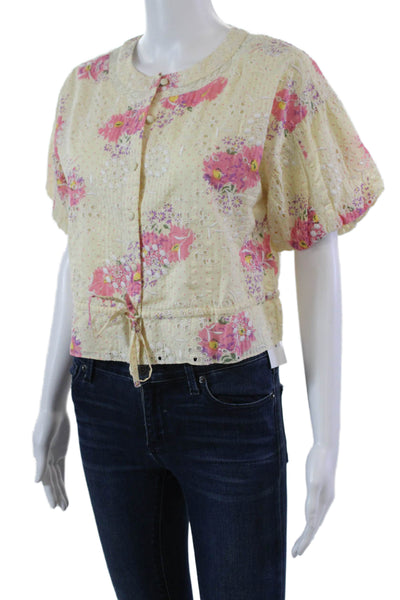 Walter Baker Womens Floral Print Eyelet Button Down Shirt Yellow Size Small