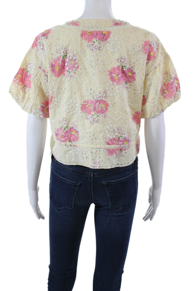 Walter Baker Womens Floral Print Eyelet Button Down Shirt Yellow Size Small