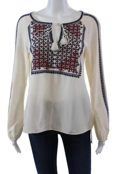 Tory Burch Womens Silk Embroidered Key Hole Neck Blouse White Navy Blue Size 4