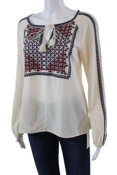 Tory Burch Womens Silk Embroidered Key Hole Neck Blouse White Navy Blue Size 4