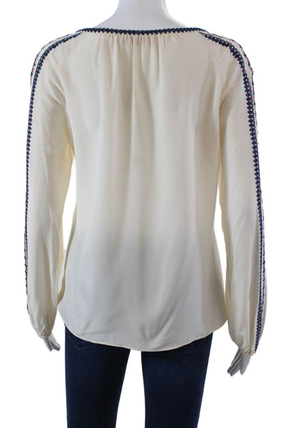 Tory Burch Womens Silk Embroidered Key Hole Neck Blouse White Navy Blue Size 4