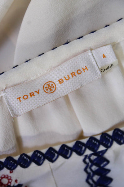 Tory Burch Womens Silk Embroidered Key Hole Neck Blouse White Navy Blue Size 4