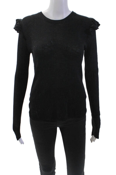 Madewell Womens Long Sleeved Ruffled Shoulder Round Neck Blouse Black Size M