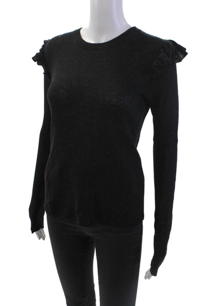 Madewell Womens Long Sleeved Ruffled Shoulder Round Neck Blouse Black Size M