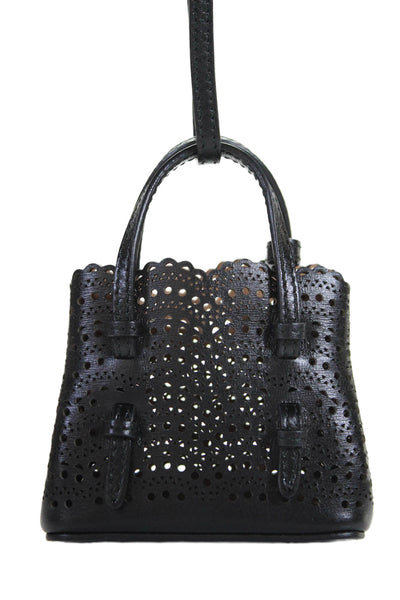 Alaia Womens Laser Cut Top Handle Micro Mini Mina Handbag Black Leather