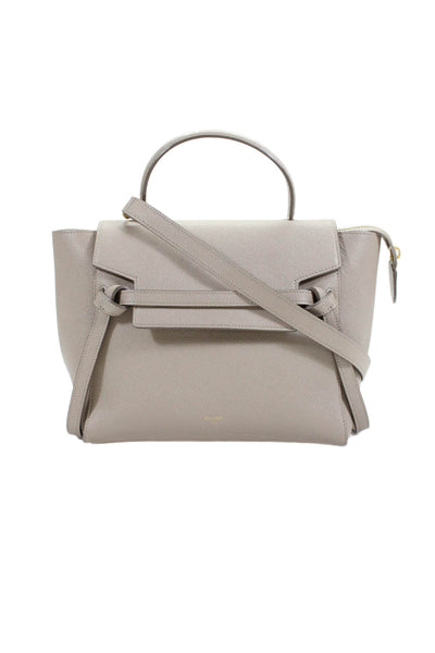 Celine Womens Grained Calfskin Micro Belt Top Handle Shoulder Handbag Beige