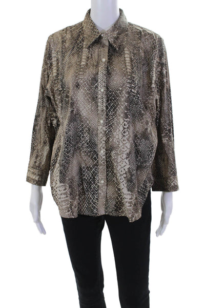 Lauren Ralph Lauren Womens Button Front Snake Print Shirt Brown Cotton Size XL