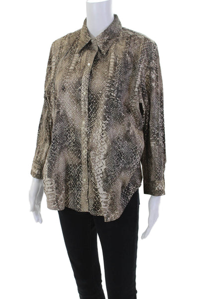 Lauren Ralph Lauren Womens Button Front Snake Print Shirt Brown Cotton Size XL