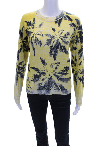 Minnie Rose Womens Cotton Palm Tree Print Crew Neck Sweater Top Yellow Size M