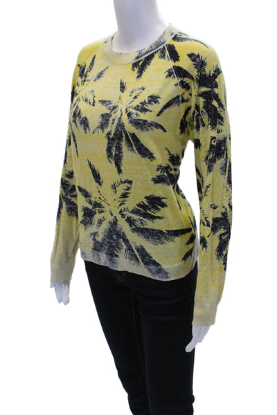 Minnie Rose Womens Cotton Palm Tree Print Crew Neck Sweater Top Yellow Size M