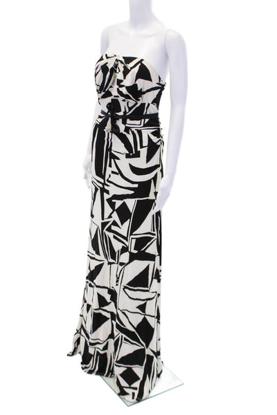 David Meister Womens Open Back Halter Knit Abstract Gown White Black Size 12