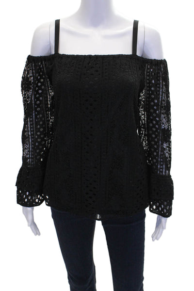 Parker Womens Cotton Geometric Laced Off The Shoulder Blouse Black Size M