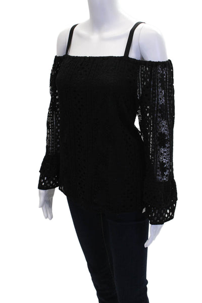 Parker Womens Cotton Geometric Laced Off The Shoulder Blouse Black Size M