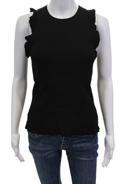 Elizabeth and James Womens Ruffled Trim Crew Neck Ribbed Tank Top Black Small