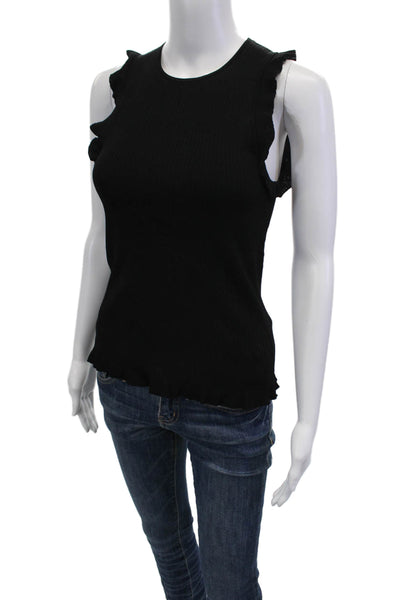 Elizabeth and James Womens Ruffled Trim Crew Neck Ribbed Tank Top Black Small