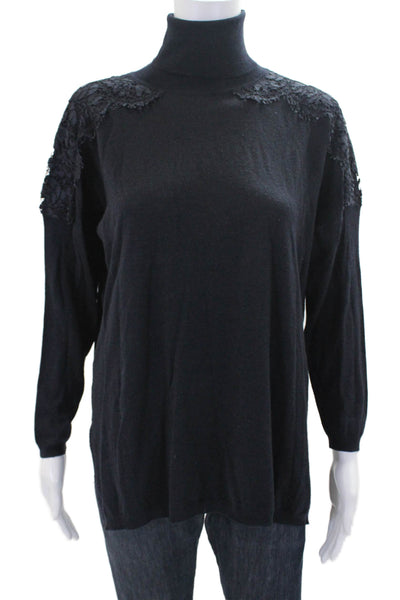 Valentino Womens Lace Shoulder Turtleneck Sweater Navy Blue Wool Size Small