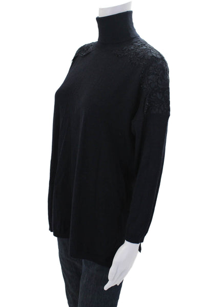 Valentino Womens Lace Shoulder Turtleneck Sweater Navy Blue Wool Size Small