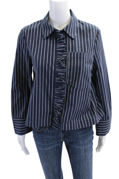 Baum Und Pferdgarten Womens Striped Ruffled Shirt Navy Blue Cotton Size EUR 36